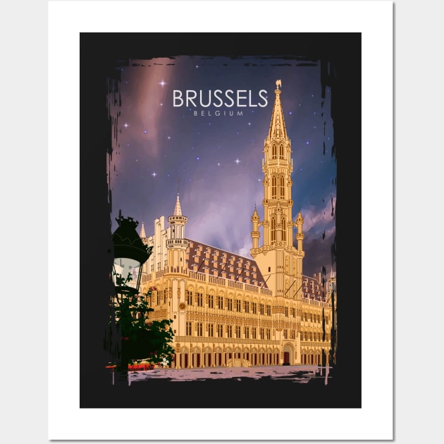 Brussels Belgium Vintage Minimal Retro Travel Poster at Night Wall Art by jornvanhezik